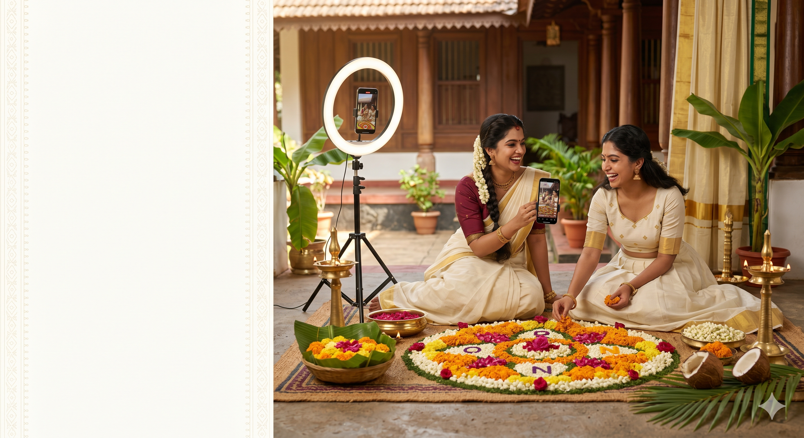 Two Malayali creators in traditional kasavu sarees photographing a pookalam — ring-light, phone, marigolds, brass lamps